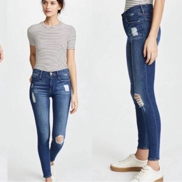 Frame Le Skinny de Jeanne Distressed Jeans Hilltop Medium Wash - Picture 2 of 6